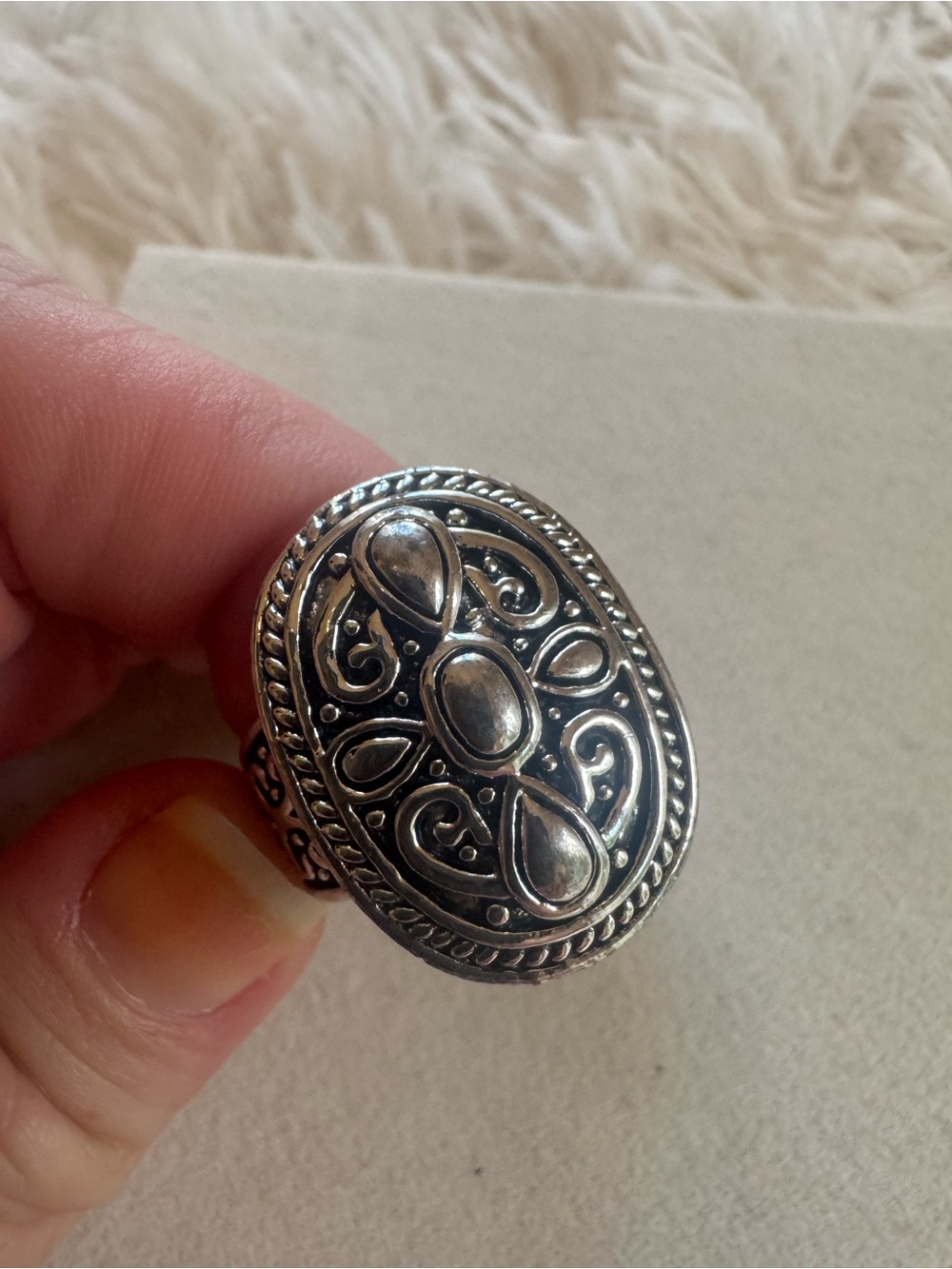 Ornate Oval Silver-Tone Statement Ring